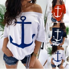 Women's Loose Fit Off-Shoulder Batwing T-Shirt – Trendy Printed Design