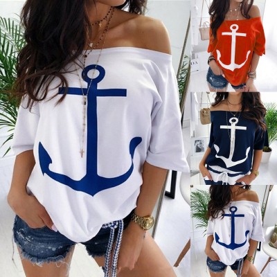 Women's Loose Fit Off-Shoulder Batwing T-Shirt – Trendy Printed Design