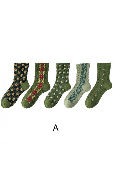 Simple Floral Jacquard Cotton Crew Socks