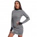 women's sexy slim dress Simple long sleeve round neck slim black and white strip dress