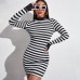 women's sexy slim dress Simple long sleeve round neck slim black and white strip dress