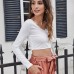 women's dress backless lace up long sleeved T-shirt navel exposed knitwear lace peach collar sexy solid color top