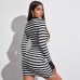 women's sexy slim dress Simple long sleeve round neck slim black and white strip dress