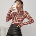 pullover half high collar long sleeve top slim sexy base coat geometric pattern printed women's T-shirt