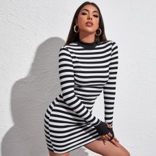 women's sexy slim dress Simple long sleeve round neck slim black and white strip dress
