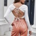 women's dress backless lace up long sleeved T-shirt navel exposed knitwear lace peach collar sexy solid color top
